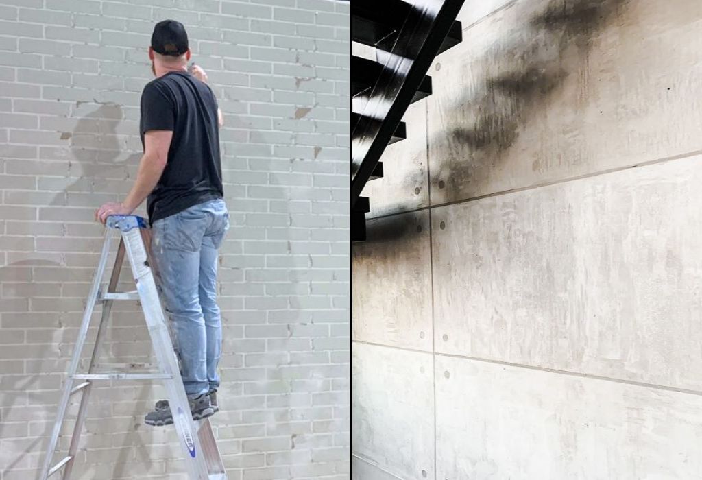 Faux artisan in action creating a white faux brick wall and a project photo of concrete wall with block detailing.