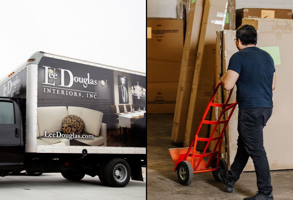 Lee Douglas Interiors box truck used by the delivery and installations team and photo of a warehouse team member preparing for a delivery.